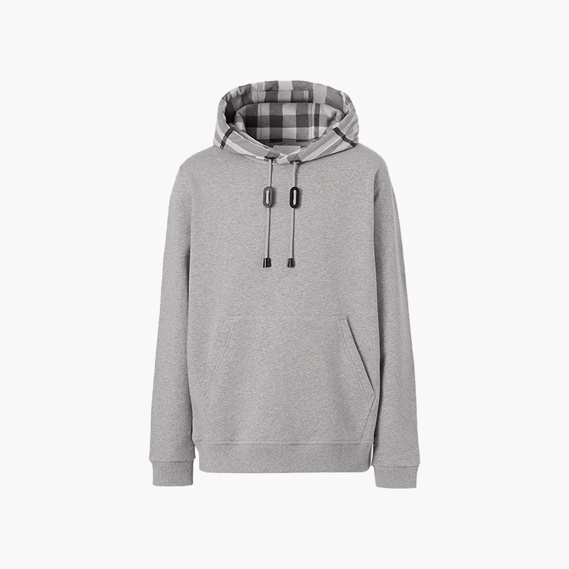 BURBERRY Men Check Hood Cotton Sweatshirt in Pale Grey Melange with Hoodie