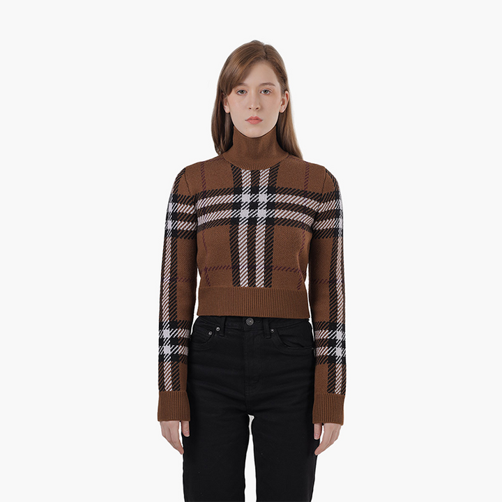 BURBERRY Women Kerry Check Turtleneck Cropped Sweater in Dark Birch Brown