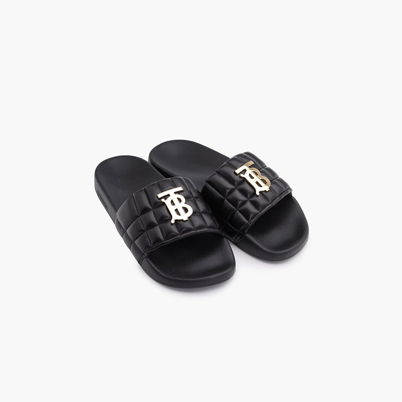 BURBERRY Women Monogram Motif Slides in Black Quilted Lambskin