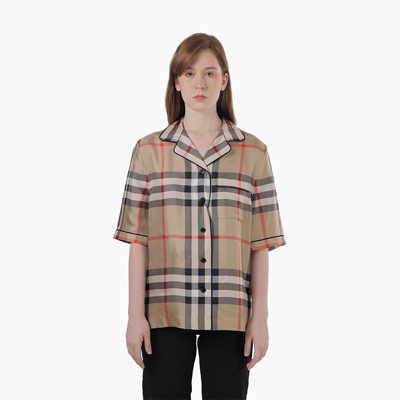 BURBERRY Women Tierney Vintage Check Silk Pajama Shirt in Archive Beige