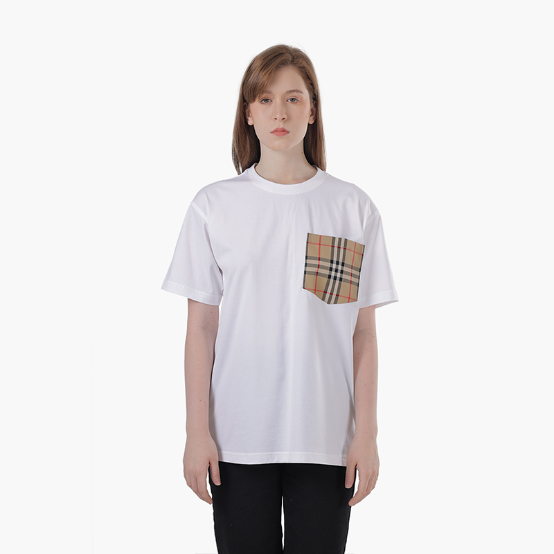 BURBERRY Women Vintage Check Pocket Cotton Oversized Tshirt in White