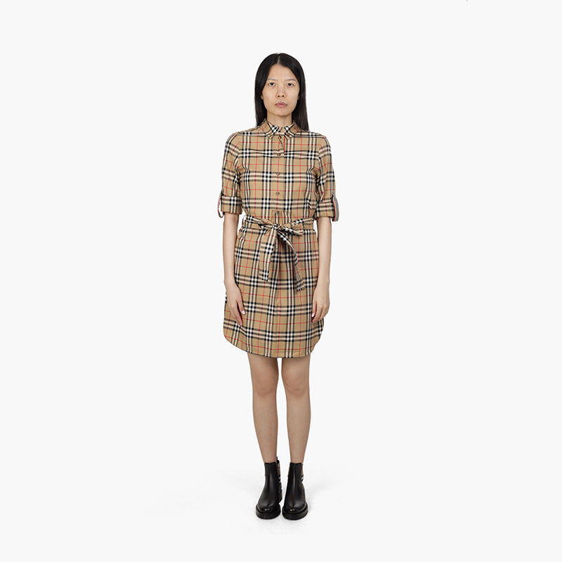 BURBERRY Women Vintage Check Stretch Cotton Tie-Waist Shirt Dress in Archive Beige - Lovelo Room