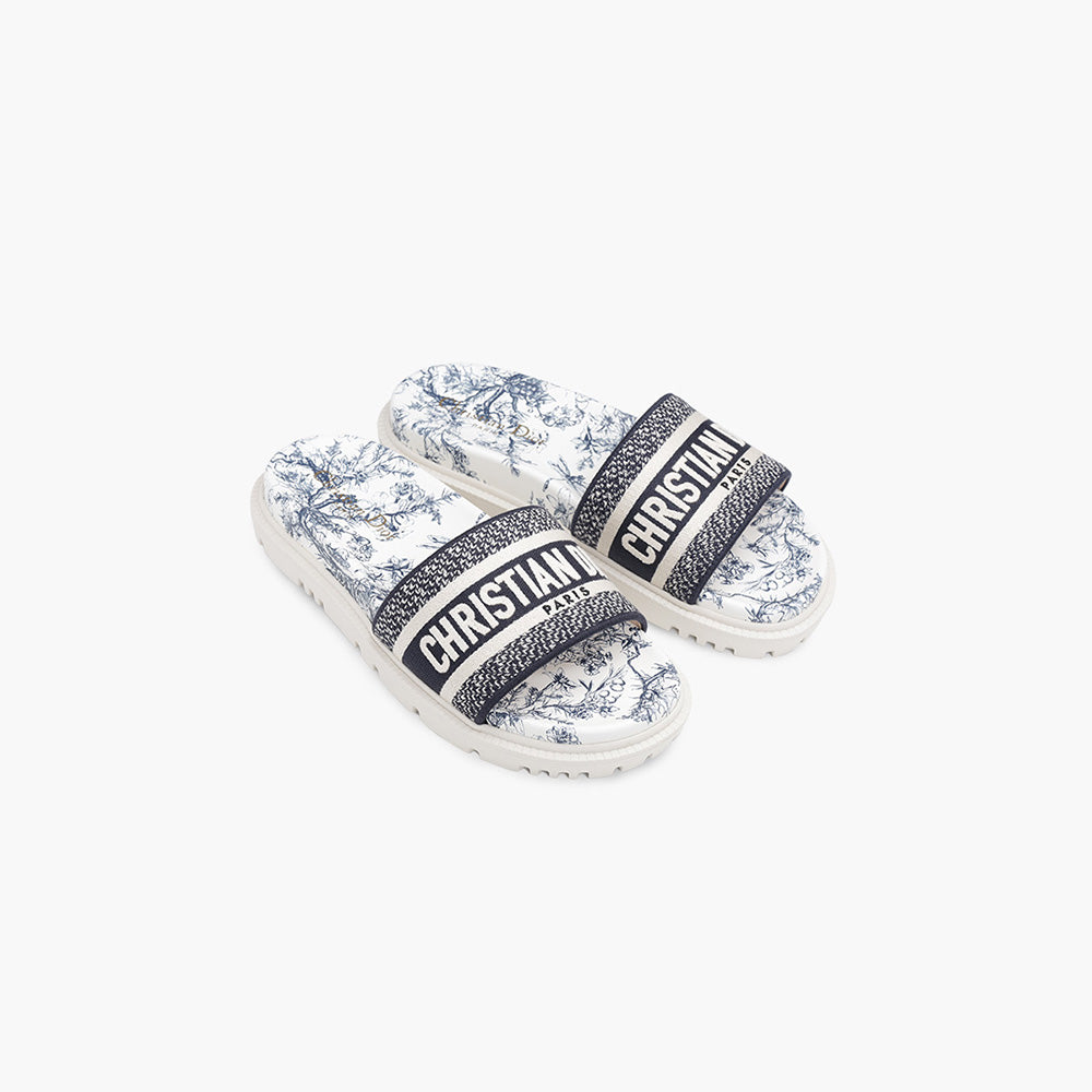 CHRISTIAN DIOR Dway Toile De Jouy Flowers Embroidered Slide Sandals in Deep Blue - Lovelo Room