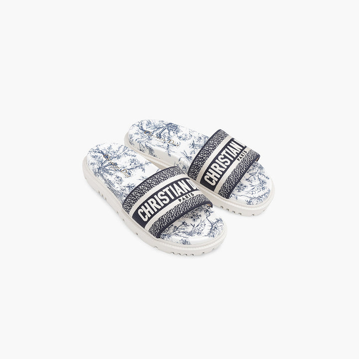 CHRISTIAN DIOR Dway Toile De Jouy Flowers Embroidered Slide Sandals in Deep Blue - Lovelo Room
