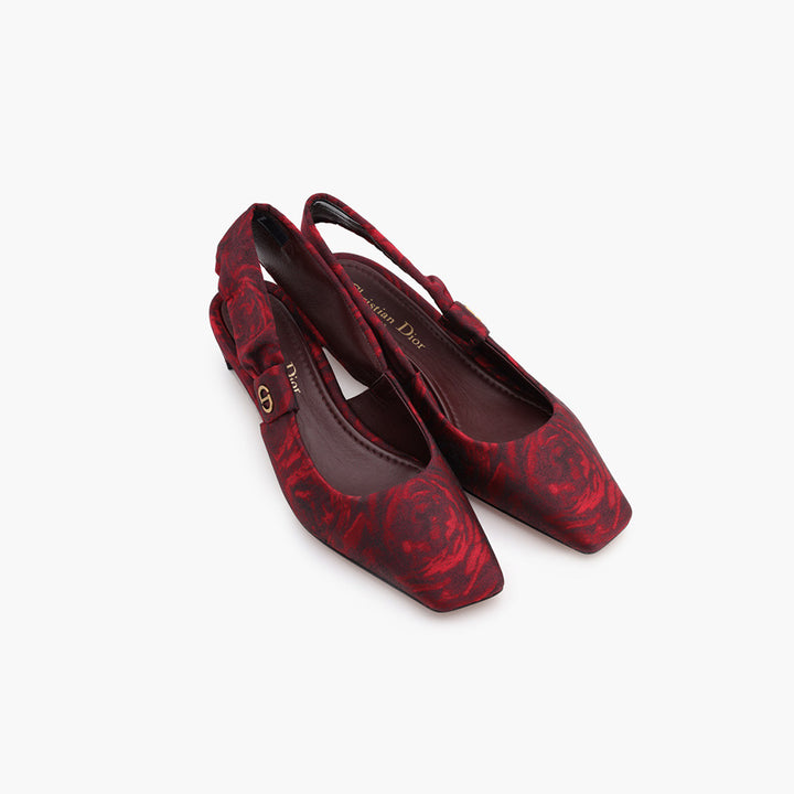 CHRISTIAN DIOR Mizza Roses Square Toe Slingback Pumps 40mm in Scarlet Red Multicolor - Lovelo Room