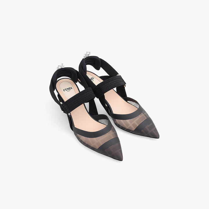 FENDI Colibri Tulle Slingback Pumps 55mm in Black Black FF Logo Pattern - Lovelo Room