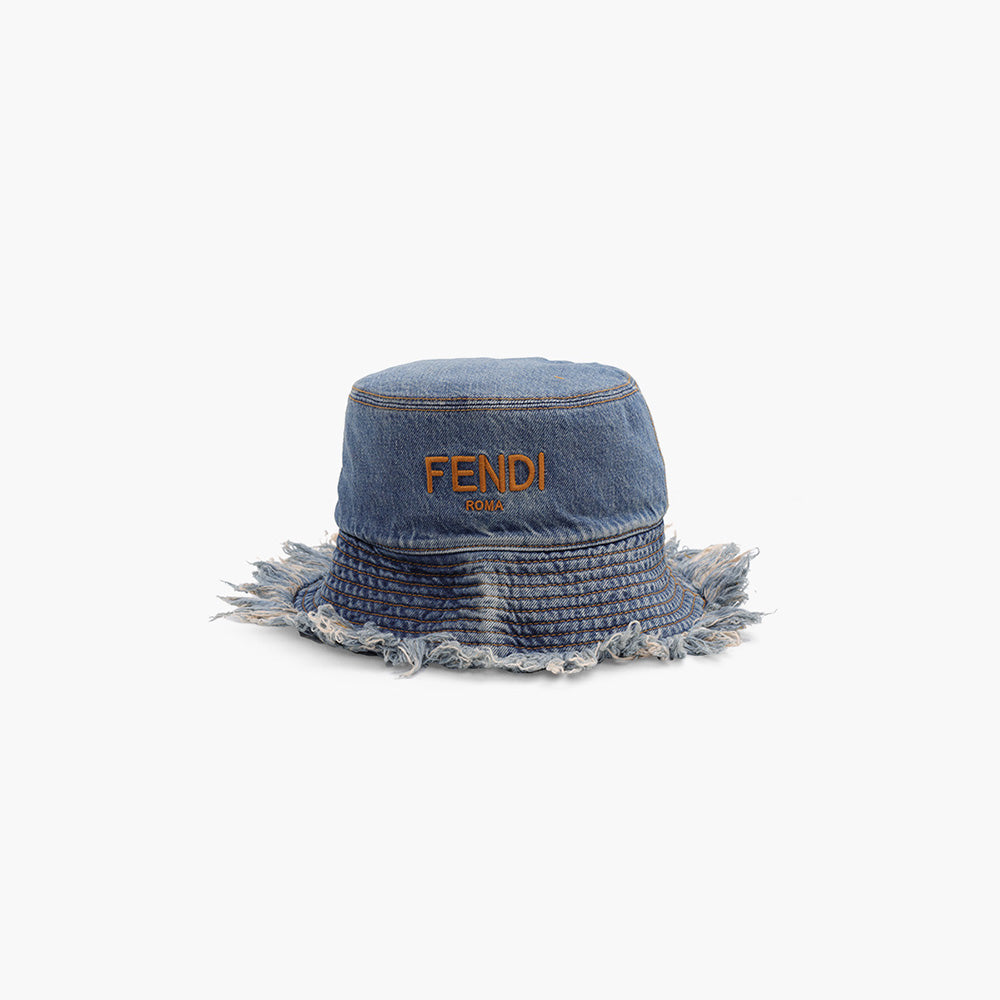 FENDI Logo Bucket Hat in Blue Denim With Fringed Edge - Lovelo Room