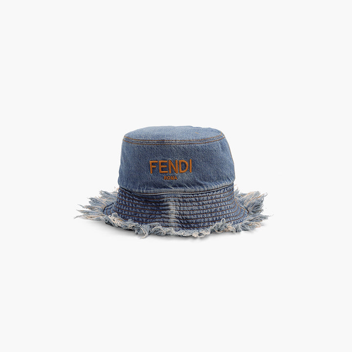 FENDI Logo Bucket Hat in Blue Denim With Fringed Edge - Lovelo Room