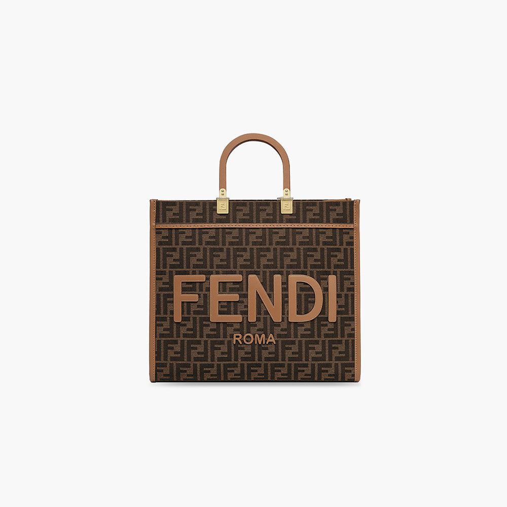 FENDI Medium Sunshine Fendi Roma Shopper Bag in Brown_Sand Fabric with Jacquard FF Motif - Lovelo Room