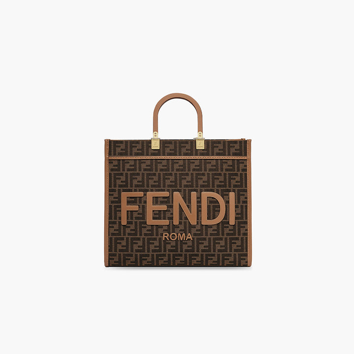 FENDI Medium Sunshine Fendi Roma Shopper Bag in Brown_Sand Fabric with Jacquard FF Motif - Lovelo Room