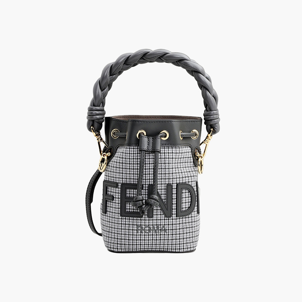 FENDI Mini Mon Tresor Bucket Bag in Grey Houndstooth Wool with Fendi Roma - Lovelo Room