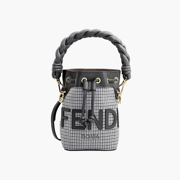 FENDI Mini Mon Tresor Bucket Bag in Grey Houndstooth Wool with Fendi Roma - Lovelo Room