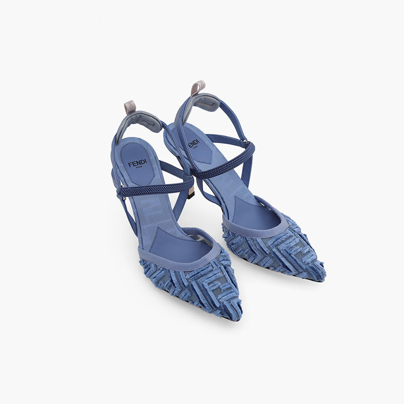 FENDI Woman Colibri Lite Slingback Pumps 85mm in Blue Micro Mesh with Fringed FF Pattern - Lovelo Room