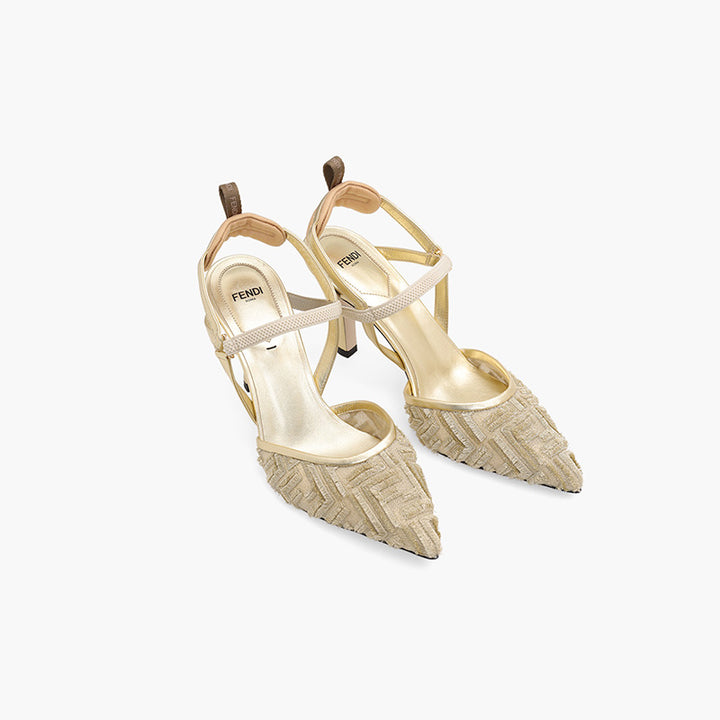FENDI Woman Colibri Lite Slingback Pumps 85mm in Gold Micro Mesh with Fringed FF Pattern - Lovelo Room