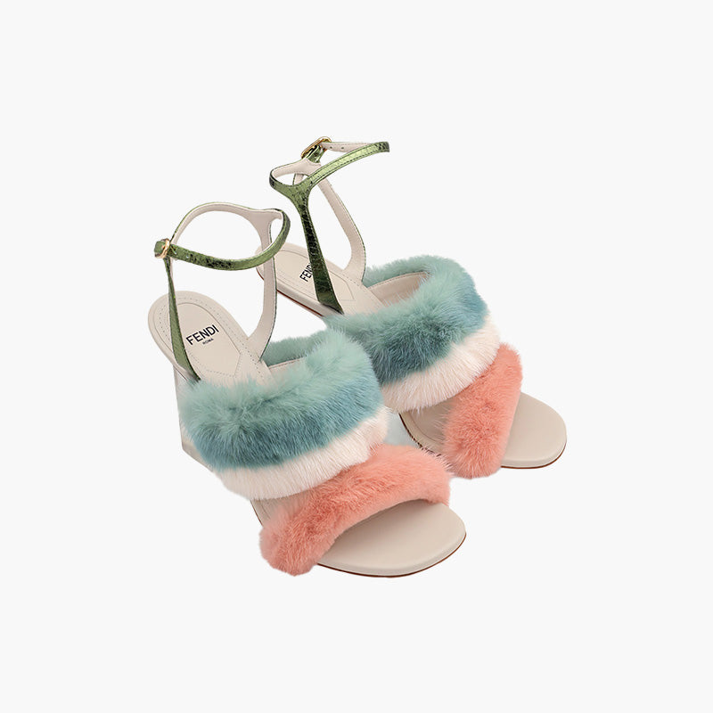 FENDI Woman First Ankle Strap Sandals 95mm in Pink or White or Teal Mink with Diagonal F Transparent Heel - Lovelo Room