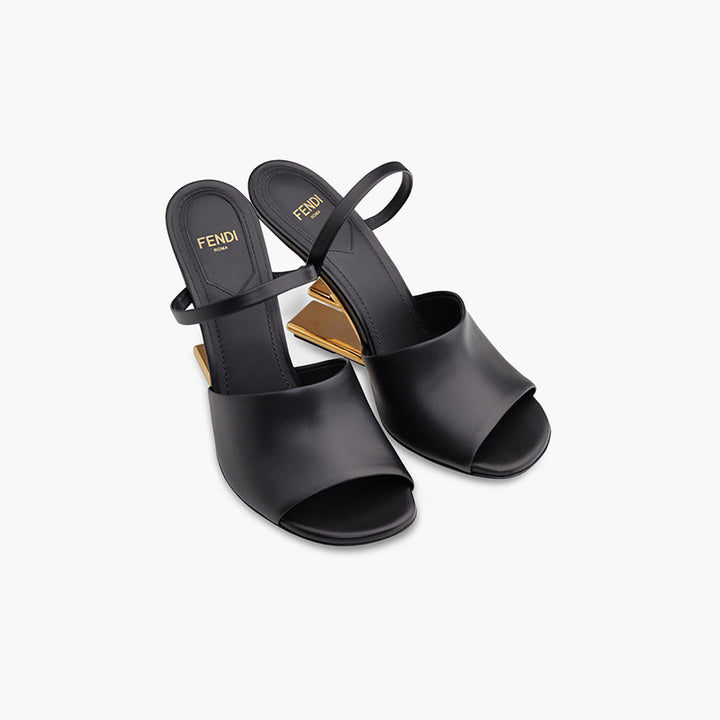 FENDI Woman First Open Toe Sandals 105mm in Black Leather with Diagonal FShaped Heels - Lovelo Room