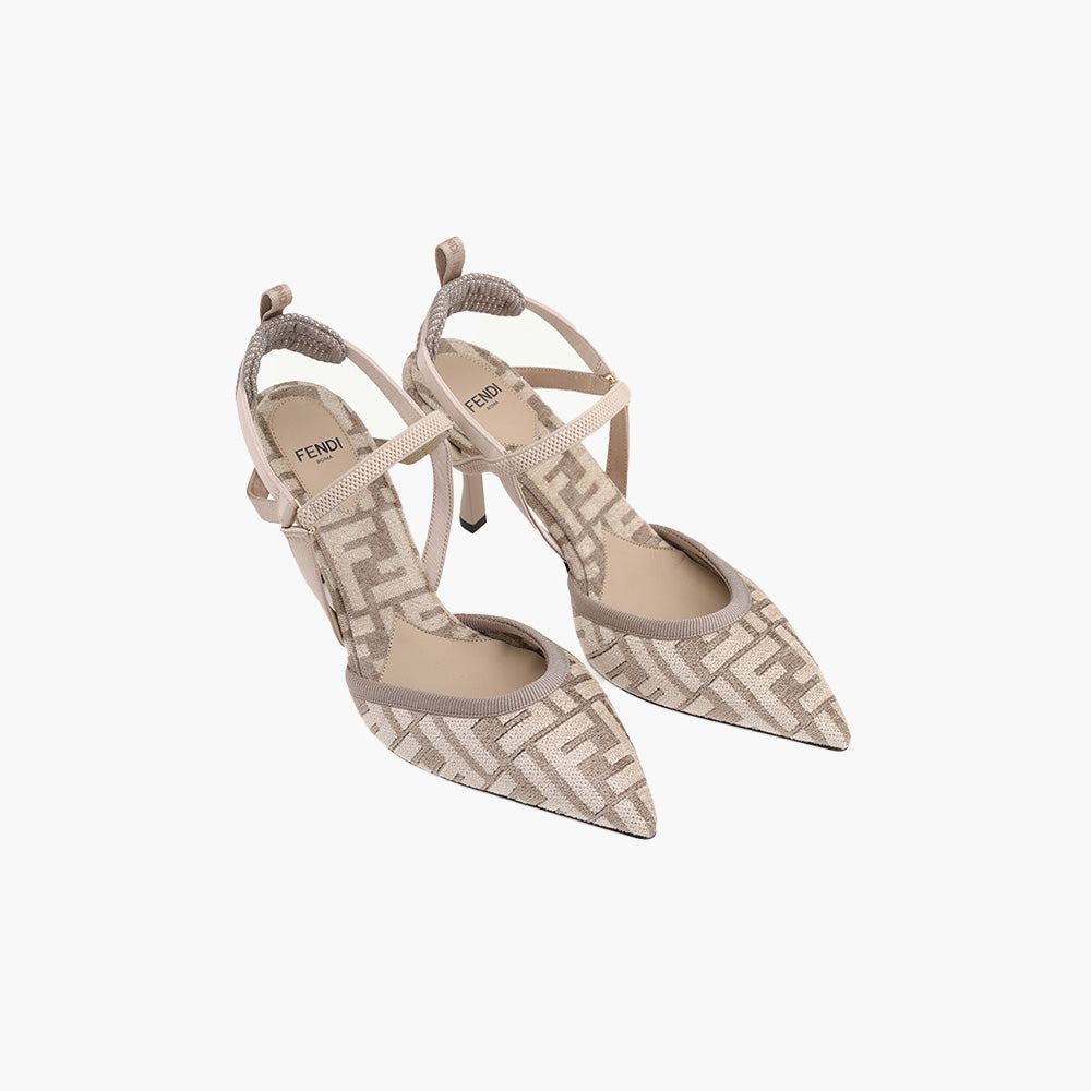 FENDI Women Colibri Lite Chenile Slingback Pumps 85mm in Dove Grey/Beige FF Logo Pattern - Lovelo Room