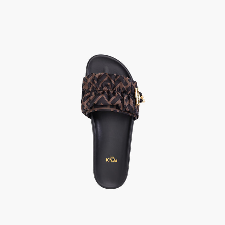 FENDI Women Feel FF Wide-Band Flat Slides in Brown/Black Satin - Lovelo Room