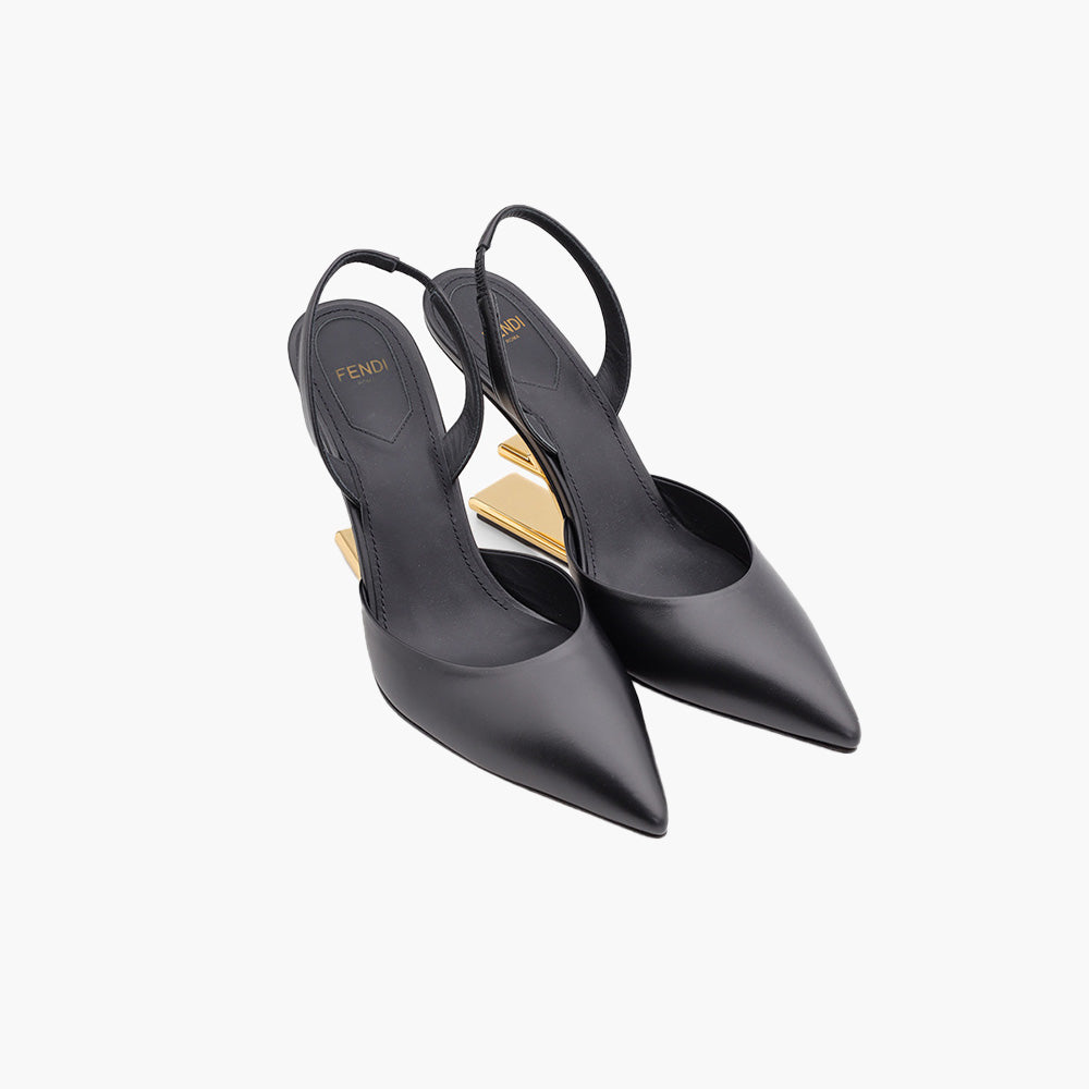 FENDI Women First Slingback Pumps 95mm in Black Leather with Diagonal F-Shaped Heels - Lovelo Room