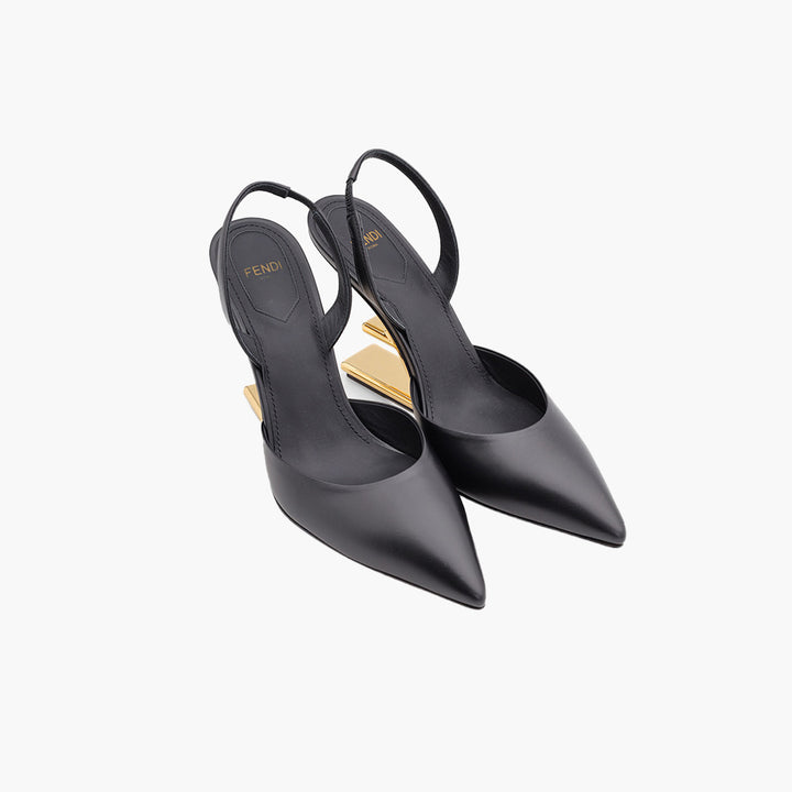 FENDI Women First Slingback Pumps 95mm in Black Leather with Diagonal F-Shaped Heels - Lovelo Room