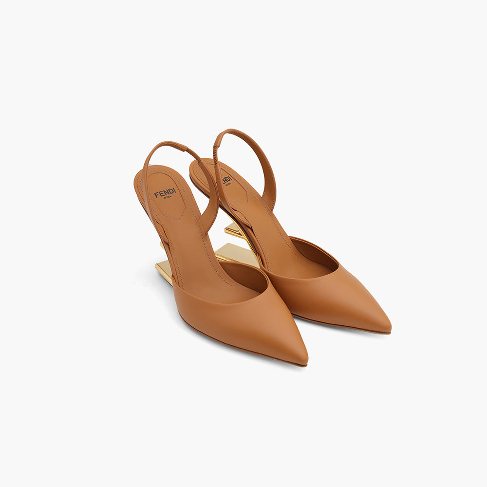 FENDI Women First Slingback Pumps 95mm in Brown Leather with Diagonal F-Shaped Heels - Lovelo Room