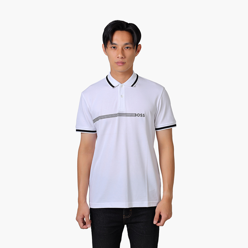 HUGO BOSS Men Paddy 1 Polo Shirt in White with Stripes and Logo - Lovelo Room