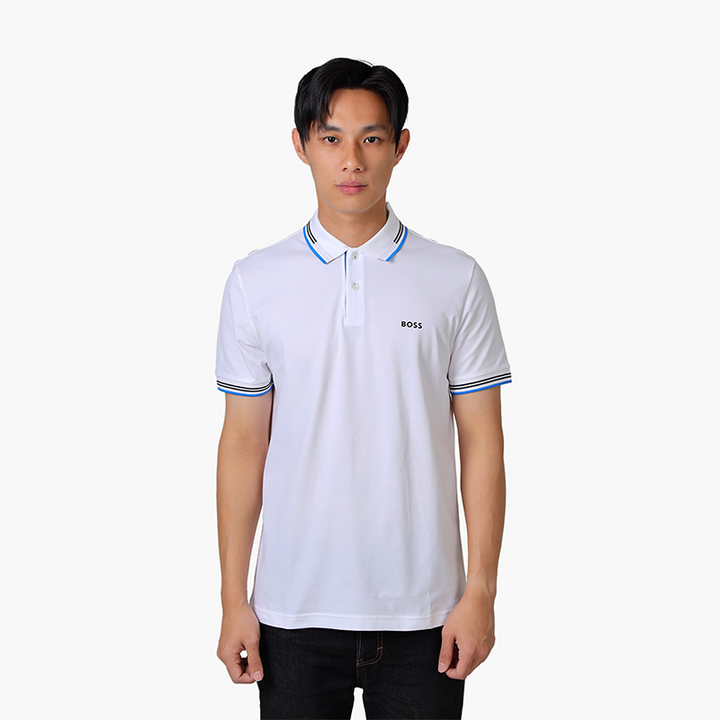HUGO BOSS Men Paul Stretch Cotton Slim Fit Polo Shirt in White Blue with Logo - Lovelo Room