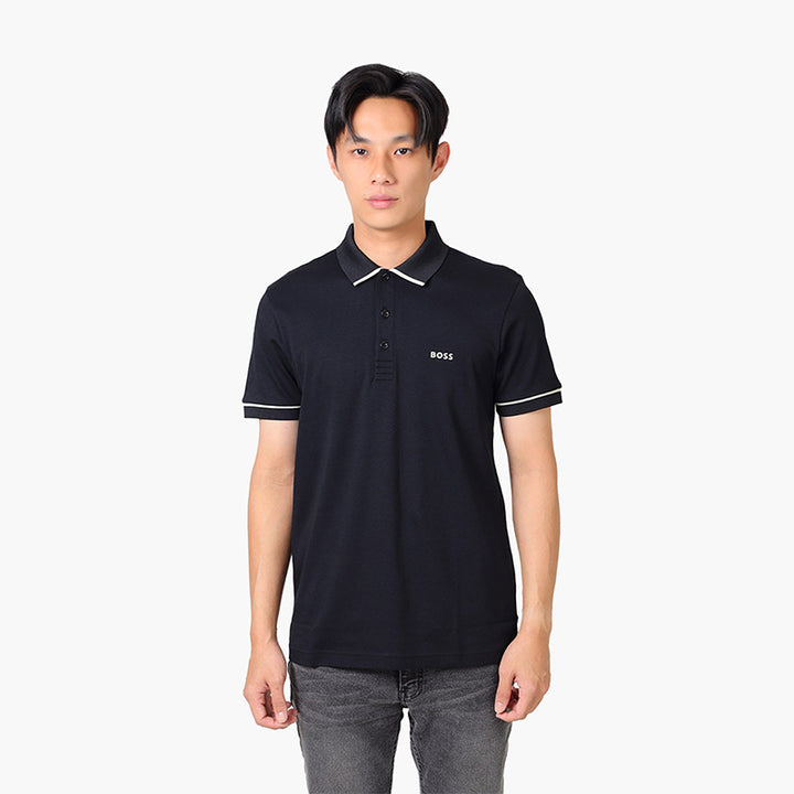 HUGO BOSS Men Paule Interlock Cotton Slim Fit Polo Shirt in Black with Contrast Trims - Lovelo Room