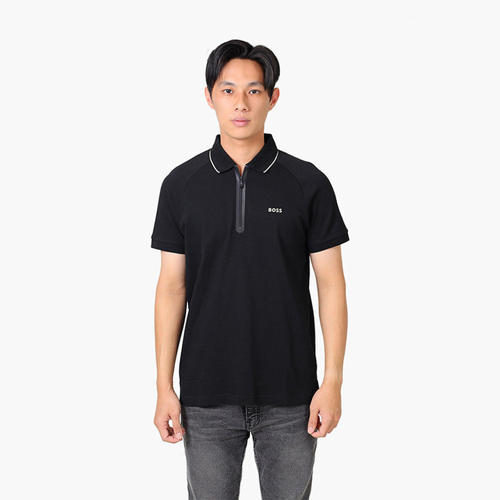HUGO BOSS Men Philix Structured Cotton Polo Shirt in Black with Contrast Logo - Lovelo Room