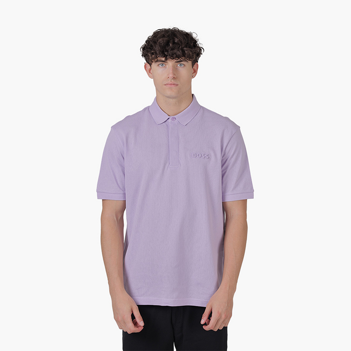 HUGO BOSS Men Piocomfort Warp Knit Cotton Polo Shirt in Light Purple with Embossed Logo - Lovelo Room