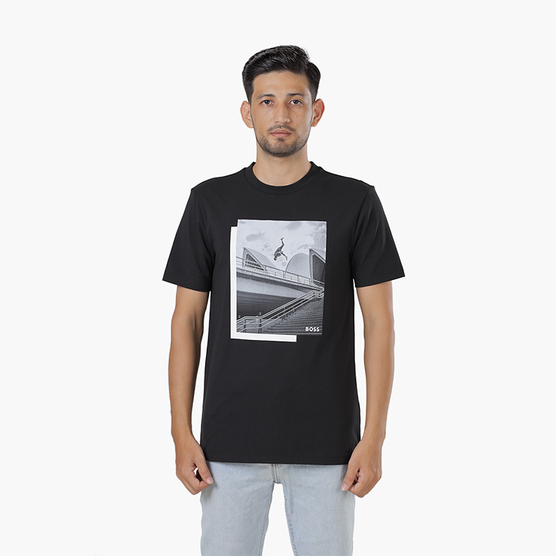 HUGO BOSS Men Tee 10 Photo Print Tshirt in Black Stretch Cotton Jersey - Lovelo Room
