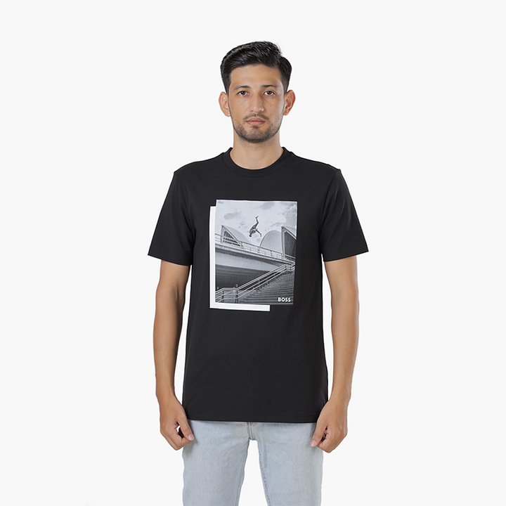 HUGO BOSS Men Tee 10 Photo Print Tshirt in Black Stretch Cotton Jersey - Lovelo Room