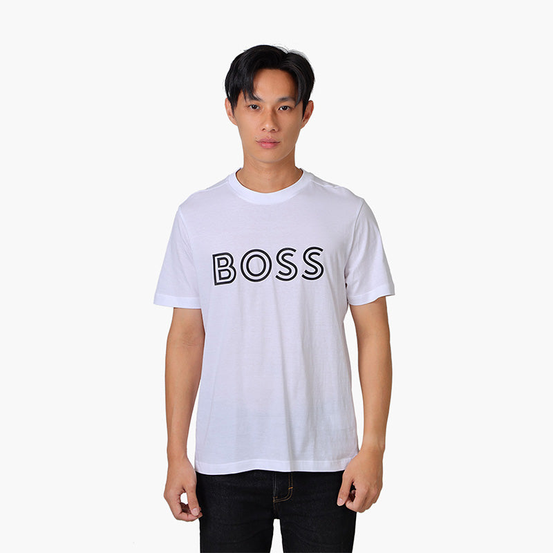 HUGO BOSS Men Tee 1 Cotton Jersey Regular Fit T-Shirt in White with Logo Artwork - Lovelo Room