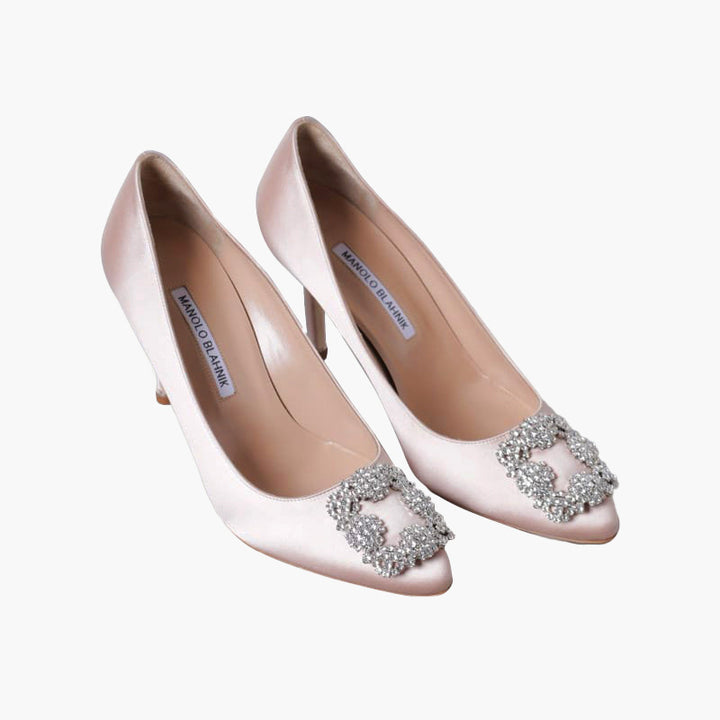 MANOLO BLAHNIK Hangisi 9cm Pumps in Dark Nude Satin with White Crystal - Lovelo Room