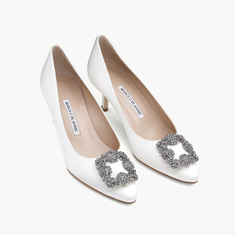 MANOLO BLAHNIK Hangisi 5cm Pumps in Cream Satin with Dark Crystal - Lovelo Room
