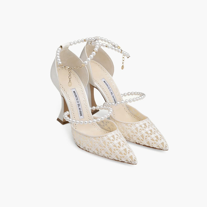 MANOLO BLAHNIK Riona Ankle Strap Pumps 10.5cm in Ivory Lace x Satin with Pearls - Lovelo Room