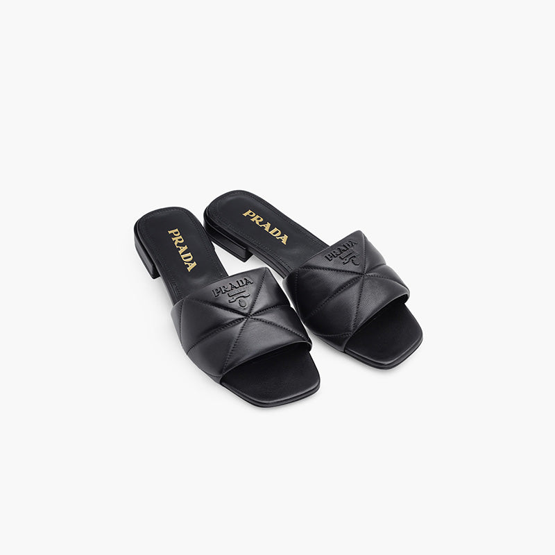 PRADA Women Logo Quilted Sandals in Black Nappa Leather - Lovelo Room
