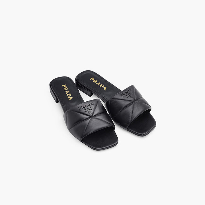 PRADA Women Logo Quilted Sandals in Black Nappa Leather - Lovelo Room