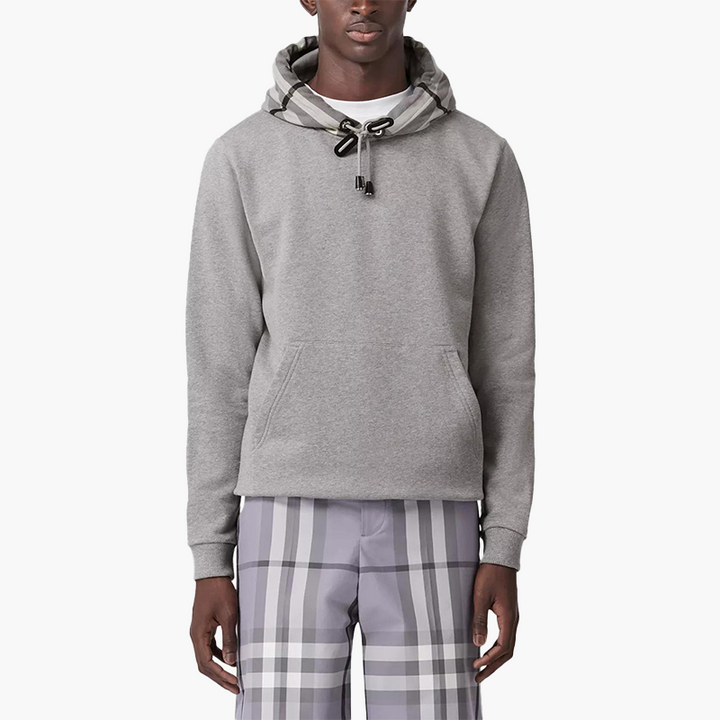 BURBERRY Men Check Hood Cotton Sweatshirt in Pale Grey Melange with Hoodie