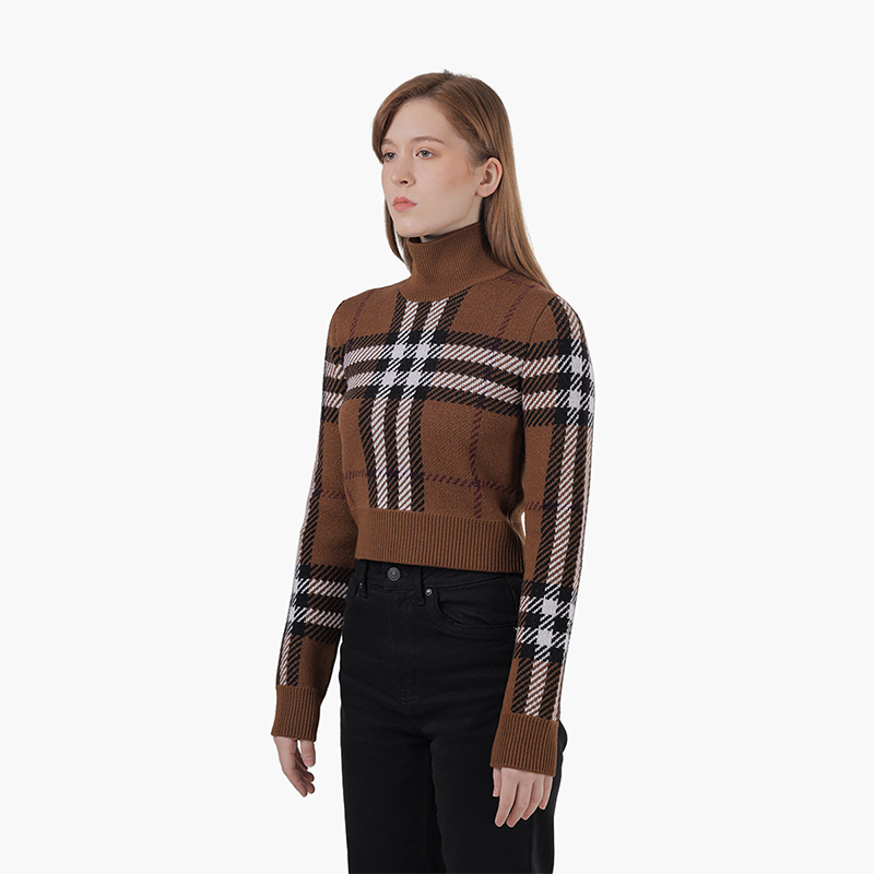 BURBERRY Women Kerry Check Turtleneck Cropped Sweater in Dark Birch Brown
