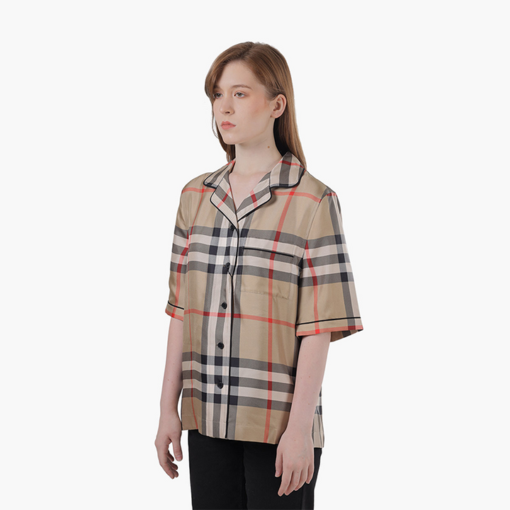 BURBERRY Women Tierney Vintage Check Silk Pajama Shirt in Archive Beige