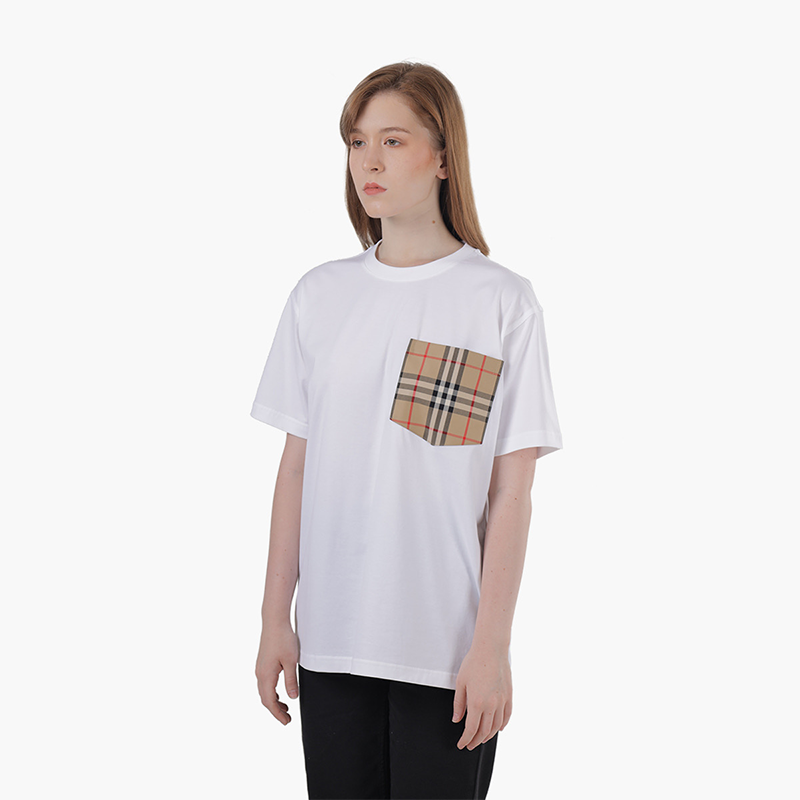 BURBERRY Women Vintage Check Pocket Cotton Oversized Tshirt in White