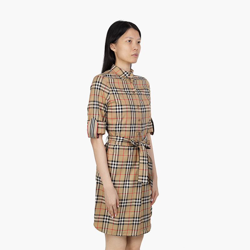 BURBERRY Women Vintage Check Stretch Cotton Tie-Waist Shirt Dress in Archive Beige - Lovelo Room