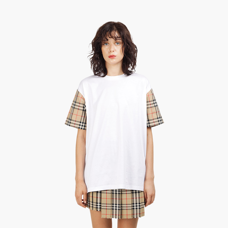BURBERRY Women Vintage Check on Sleeves Oversized Tshirt in White Archive Beige