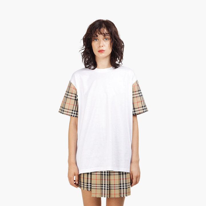 BURBERRY Women Vintage Check on Sleeves Oversized Tshirt in White Archive Beige