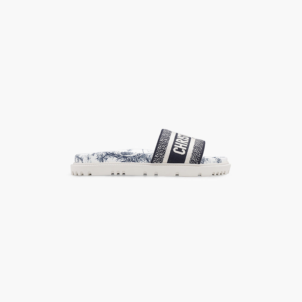CHRISTIAN DIOR Dway Toile De Jouy Flowers Embroidered Slide Sandals in Deep Blue - Lovelo Room