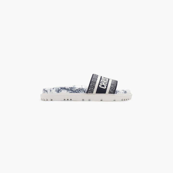 CHRISTIAN DIOR Dway Toile De Jouy Flowers Embroidered Slide Sandals in Deep Blue - Lovelo Room