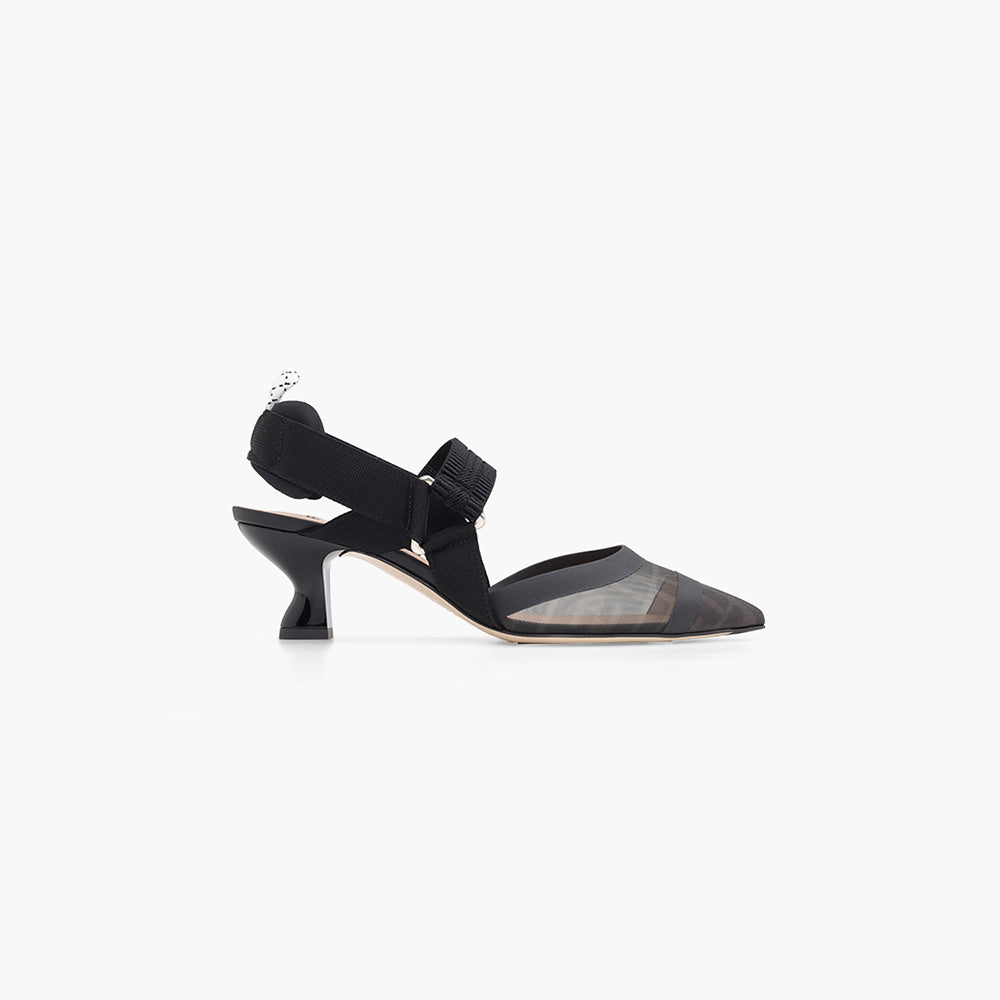 FENDI Colibri Tulle Slingback Pumps 55mm in Black Black FF Logo Pattern - Lovelo Room