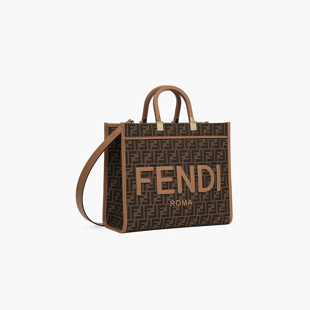 FENDI Medium Sunshine Fendi Roma Shopper Bag in Brown_Sand Fabric with Jacquard FF Motif - Lovelo Room
