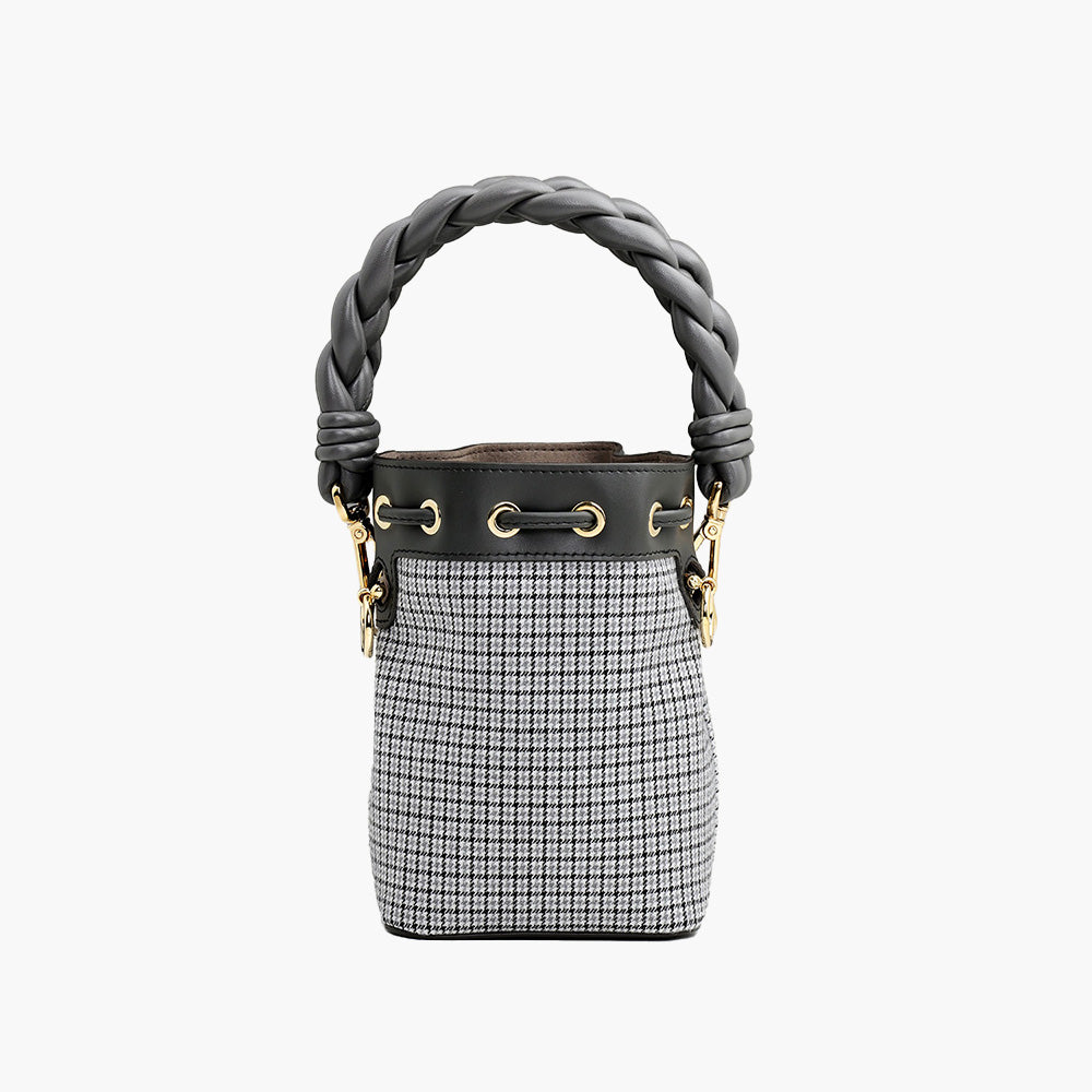 FENDI Mini Mon Tresor Bucket Bag in Grey Houndstooth Wool with Fendi Roma - Lovelo Room
